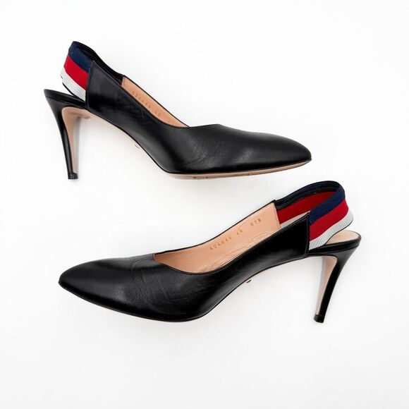 Gucci Sylvie Pumps Web Stripe Black Leather Slingback Heels Size 40, 10 - Picture 7 of 14